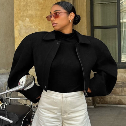 Autumn Trend Casual Machete Collared Zipper Short Woolen Coat Women