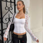 Women Clothing Summer Sexy Lace Cutout Stitching Long Sleeved Top