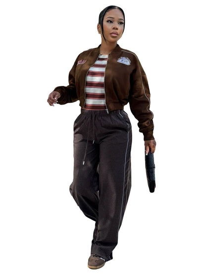 Women Wear Brushed Hoody Casual Sports Zipper Embroidered Varsity Jacket Coat for Women