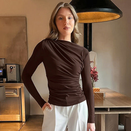 Autumn Arrival Pleating Niche Slim Waist Tight Sexy Long Sleeve Bottoming Shirt for Women