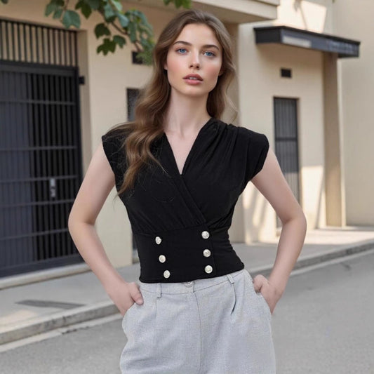 Elegant Simple Black V neck Laminated Sleeveless Vest Cross Collar Double Row Pearl Buckle Top