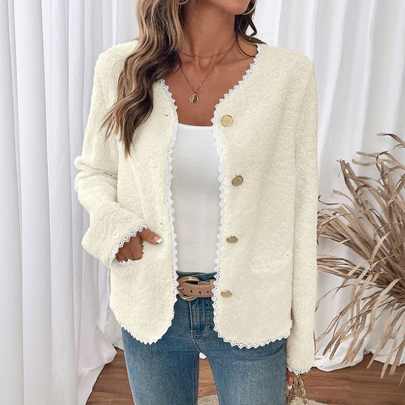 Women Clothing Lace V neck Jacket Coat Classic Autumn Winter Long Sleeve Cardigan Top