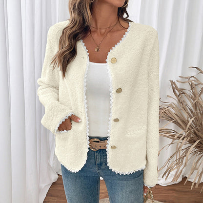 Women Clothing Lace V neck Jacket Coat Classic Autumn Winter Long Sleeve Cardigan Top