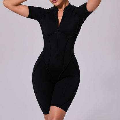 Summer Zipper Short Sleeve Outer Wear Fitness Yoga Jumpsuit Women Dance Tight Sports Jumpsuit