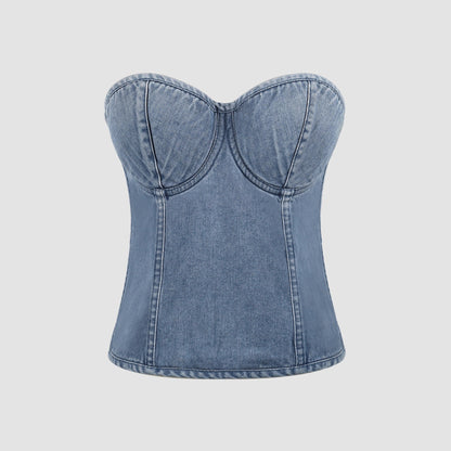 Spicy Girl Retro Denim Tube Top Women Sweet Cool off Shoulder Cropped Top