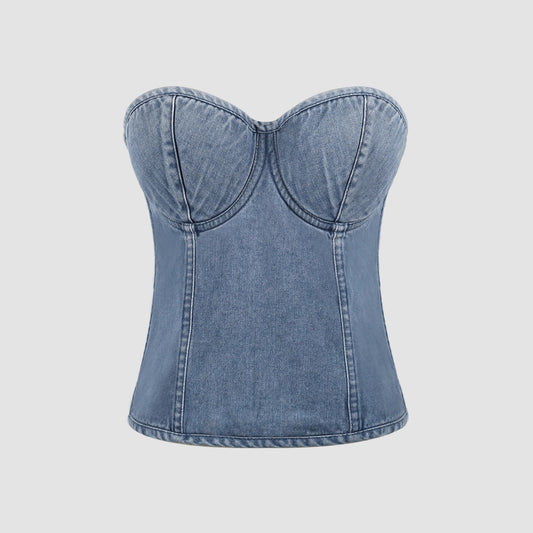 Spicy Girl Retro Denim Tube Top Women Sweet Cool off Shoulder Cropped Top