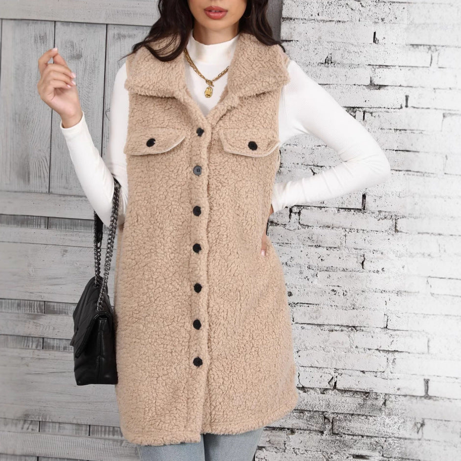 Autumn Winter Women Clothing Collared Sleeveless Loose Pointed Bubble Cardigan Plush Vest