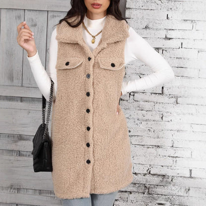 Autumn Winter Women Clothing Collared Sleeveless Loose Pointed Bubble Cardigan Plush Vest
