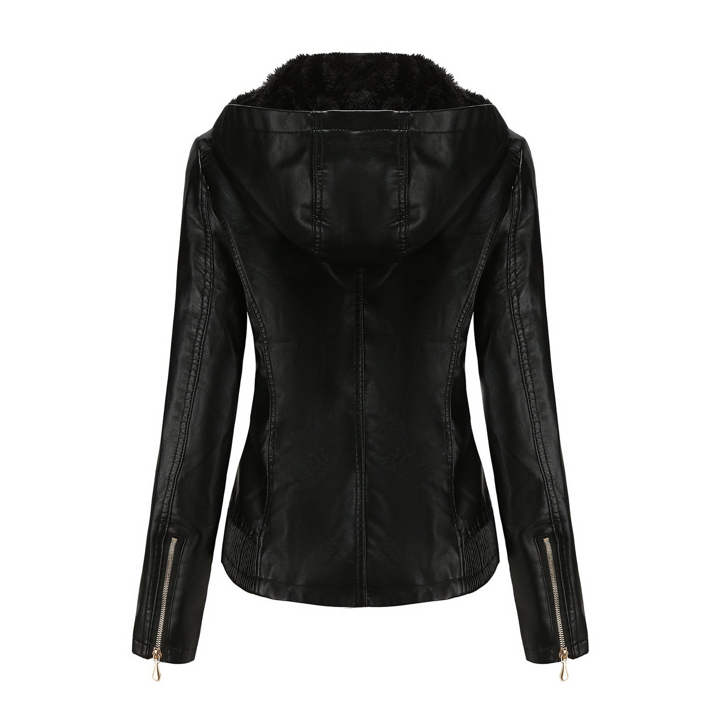 Fall Winter Hooded Leather Coat Women's Detachable Hat Long Sleeve Zipper Fleece-Lined Leather Jacket Slim Coat