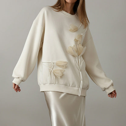 Popular Mid Length Autumn Winter Lazy Loose Three Dimensional Floral Long Sleeve Pullover Hoodie Women Clothing