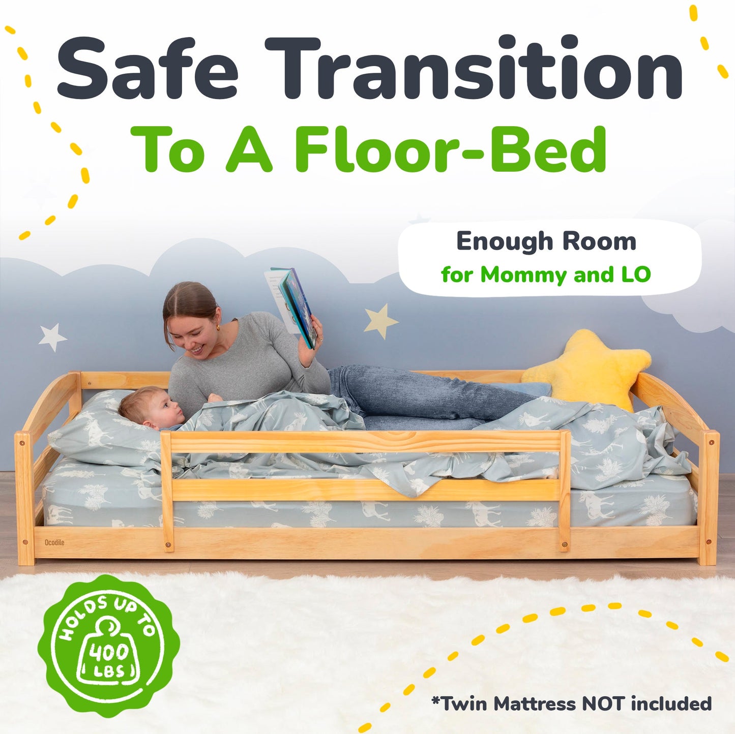 Wooden floor-bed with a child and adult reading, suitable for a safe transition to a floor-bed.