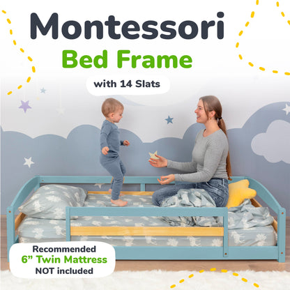 Montessori bed frame with 14 slats, child, and adult on a cloud-themed wall background.