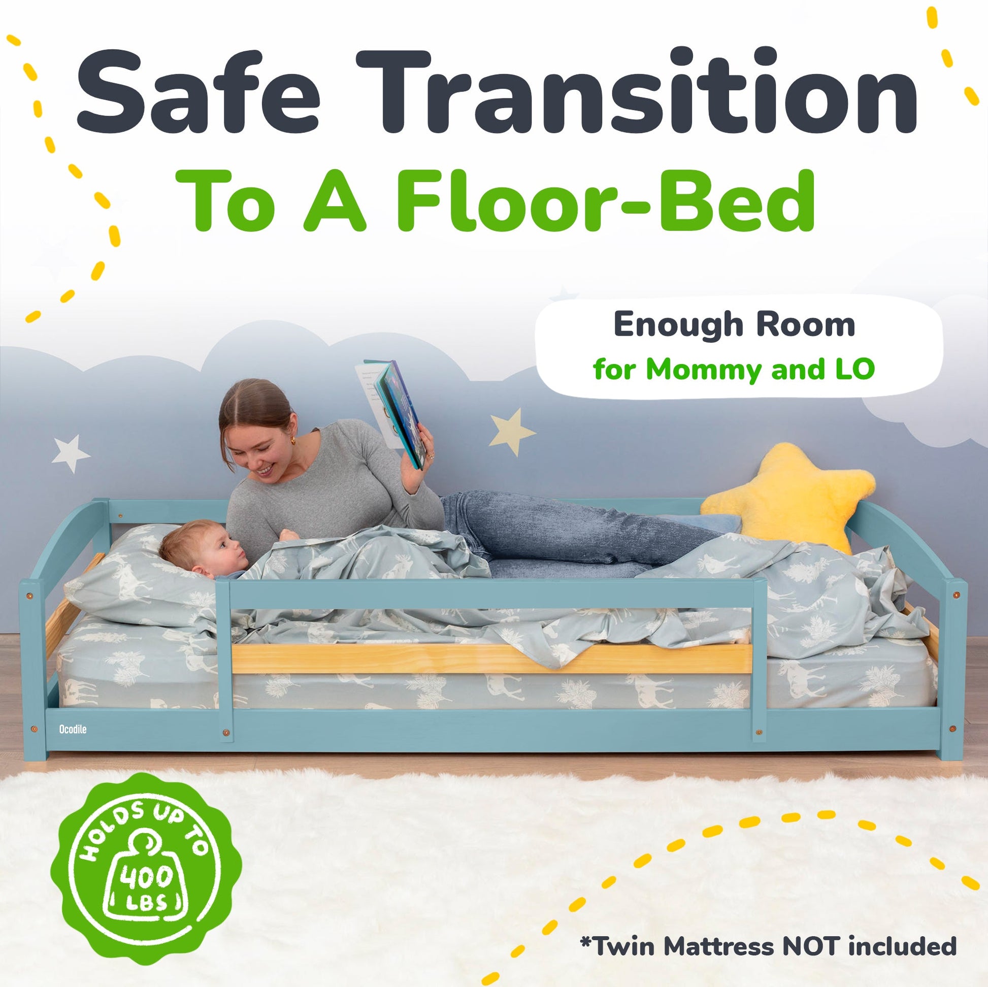 Woman reading to a child in a floor-bed with text about safe transition to a floor-bed.