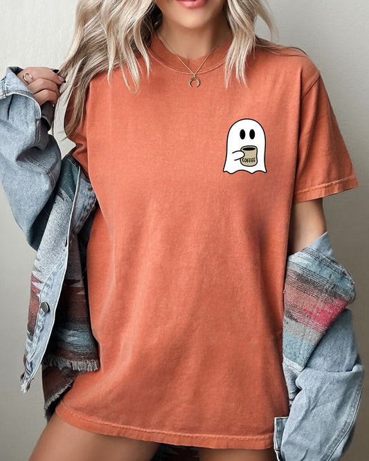 Ghost, Coffee Lover, Pocket, Skeleton, Ghost, Witch, Skull, Funny, Spooky, Aesthetic, Meme, Halloween, Costume, Tshirt Comfort Colors T-Shirt