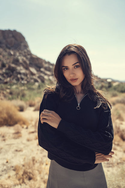 CABLE KNIT ZIPPER SWEATER