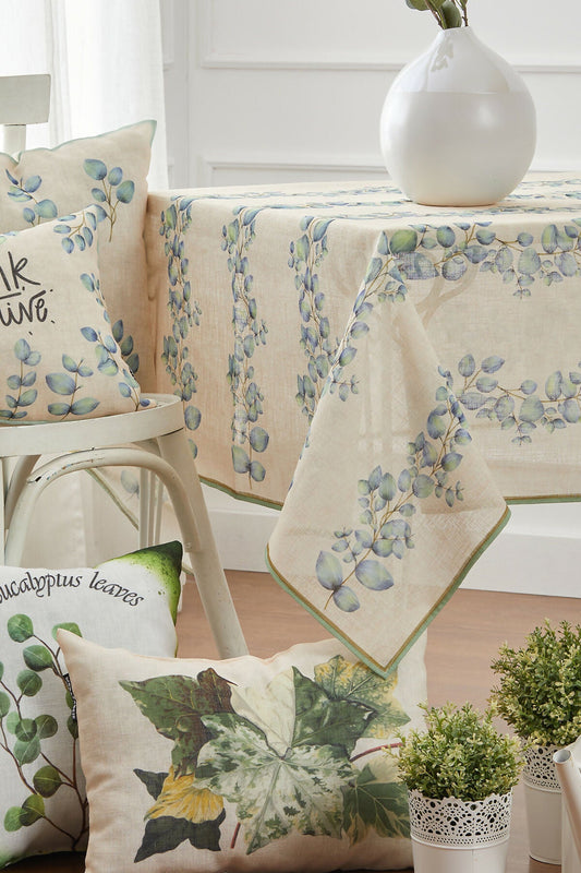 Beautiful Ivy Linen-Like Tablecloth in Pastel Blues and Greens