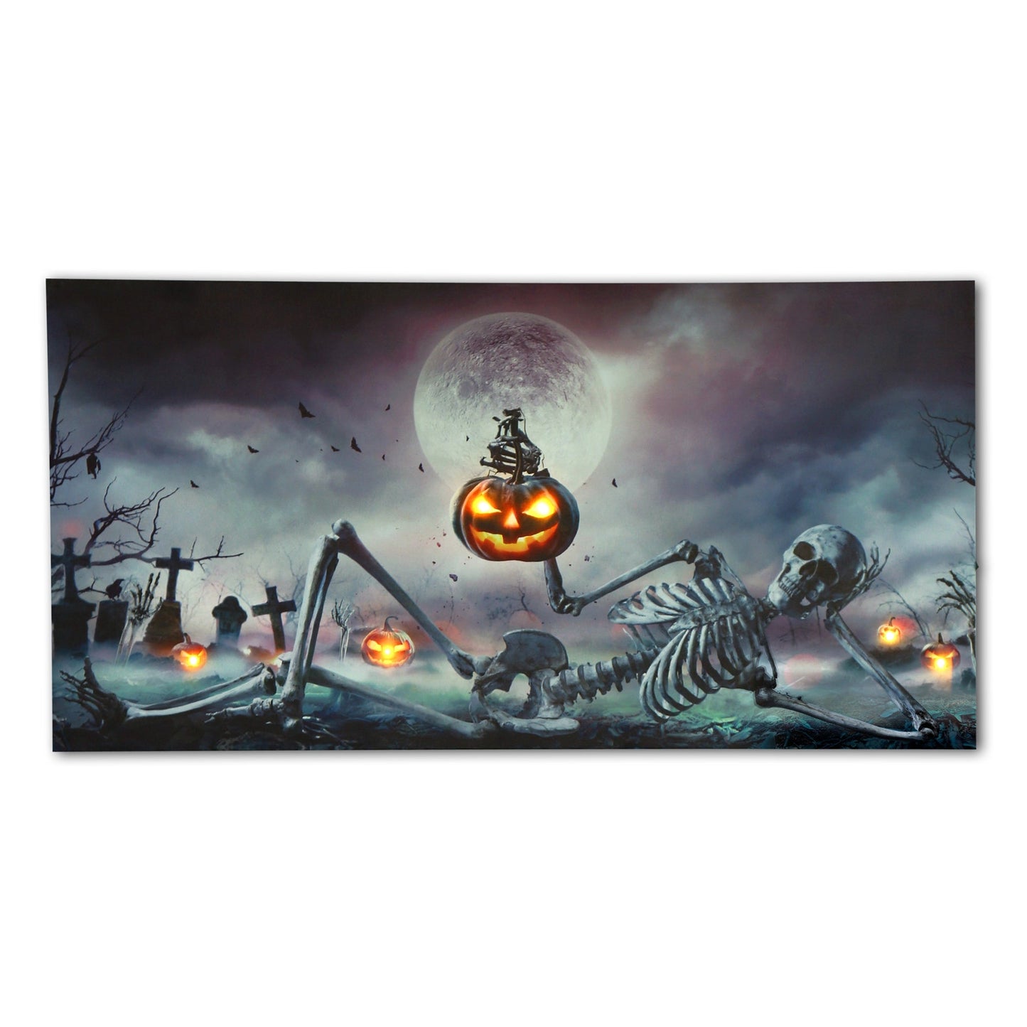 24" LIGHT UP Skeleton with Pumpkin Wall Art