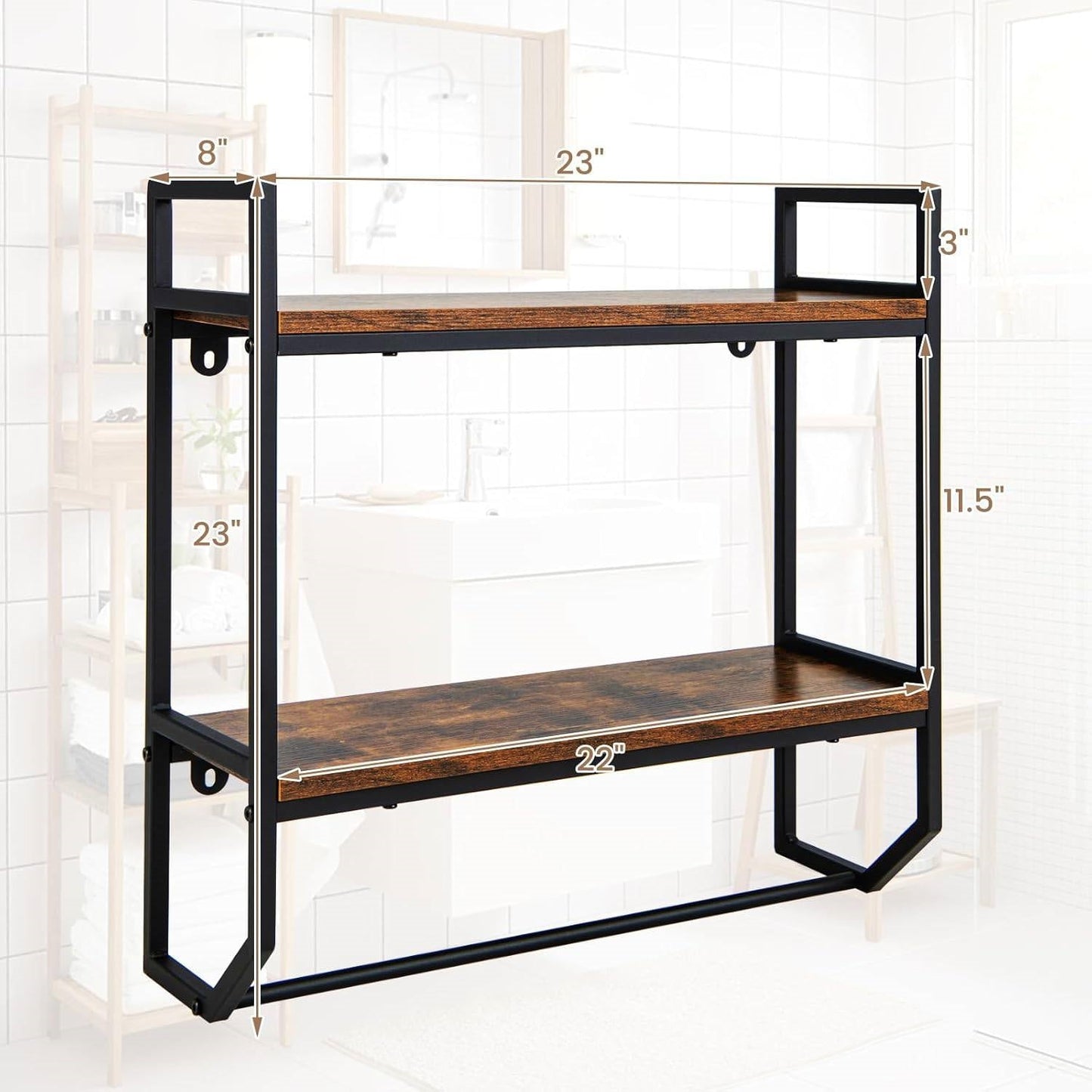 Wall Mounted Over Toilet 2-Shelf Bathroom Shelving Unit with Towel Bar