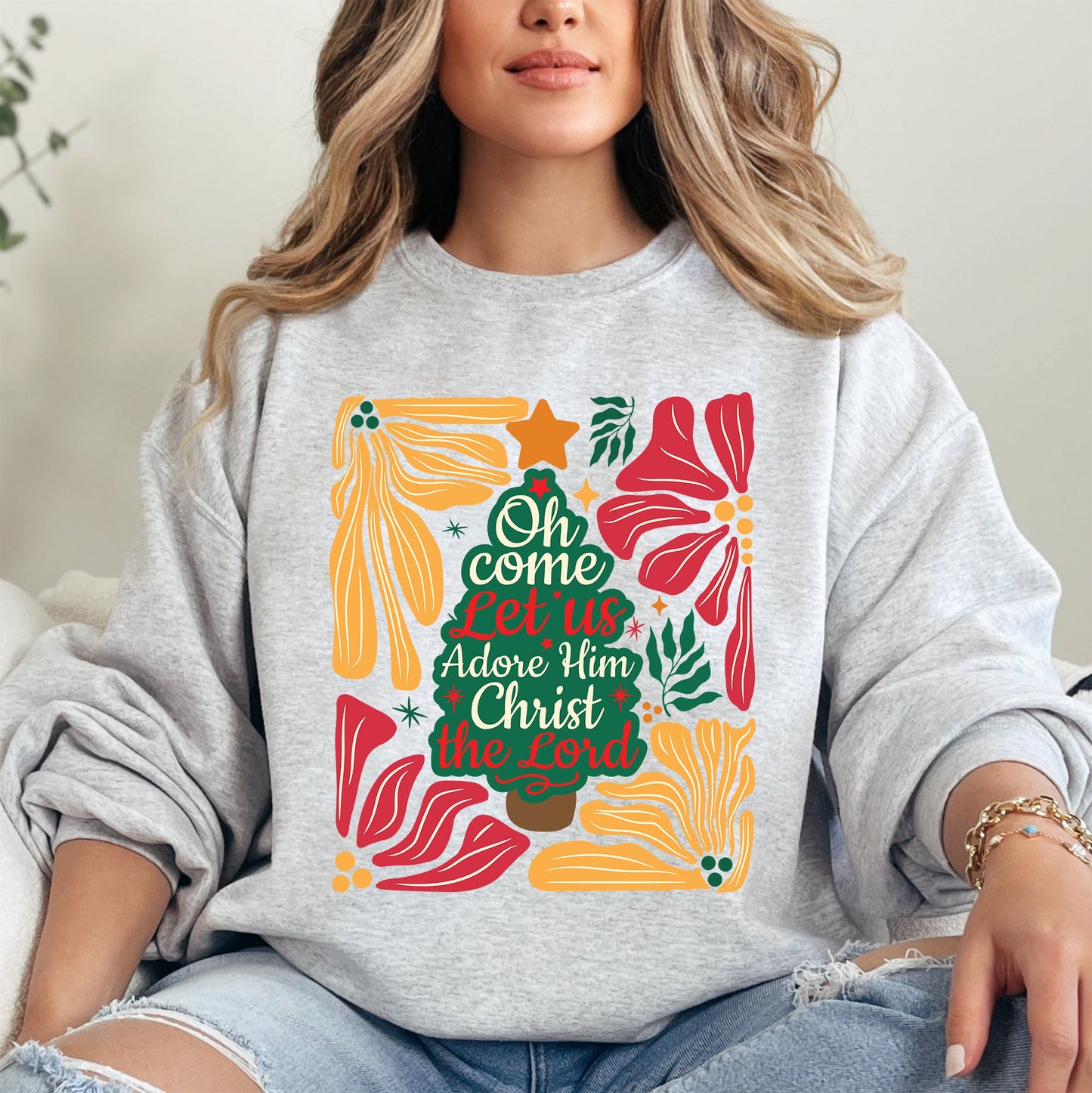 Oh Come Let Us Adore Him, Christ, Christmas, Religious, Floral, Christian Sweatshirt