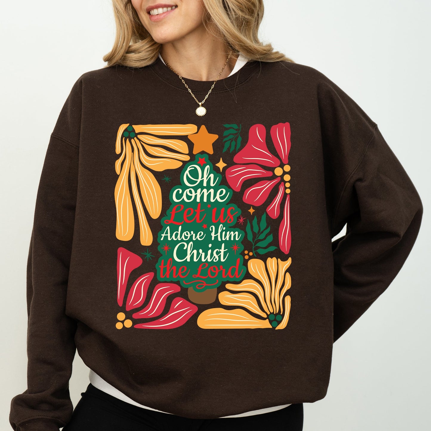 Oh Come Let Us Adore Him, Christ, Christmas, Religious, Floral, Christian Sweatshirt