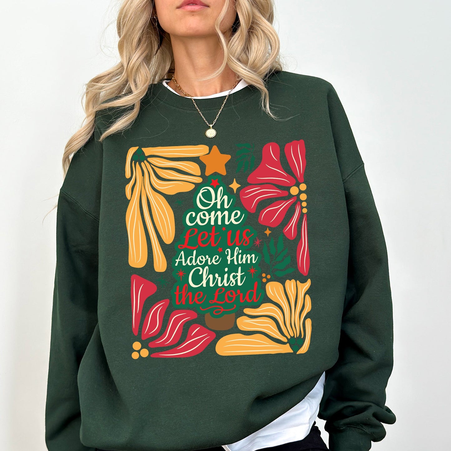 Oh Come Let Us Adore Him, Christ, Christmas, Religious, Floral, Christian Sweatshirt