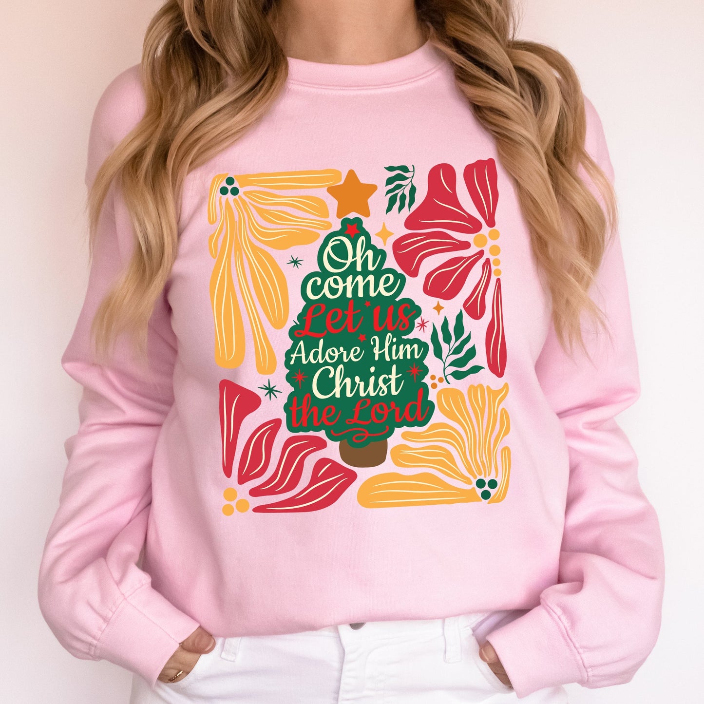 Oh Come Let Us Adore Him, Christ, Christmas, Religious, Floral, Christian Sweatshirt
