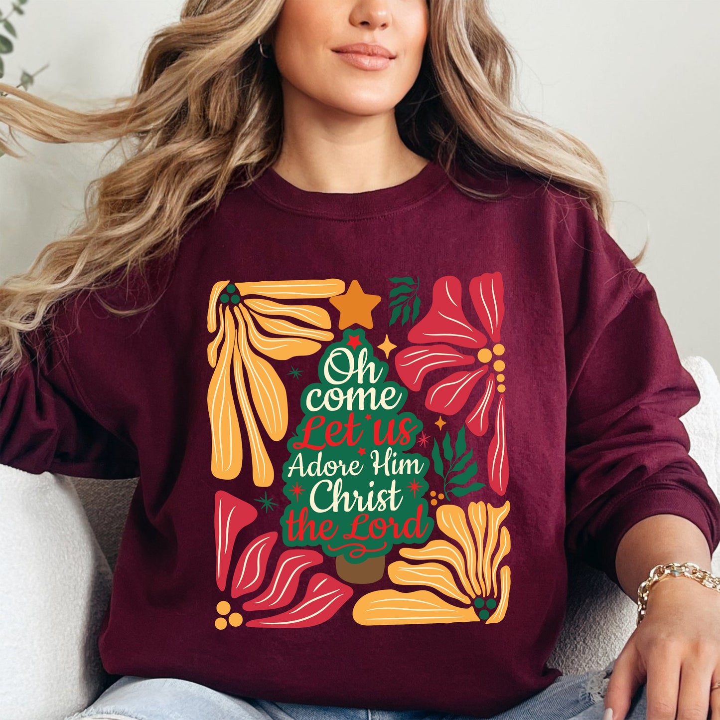 Oh Come Let Us Adore Him, Christ, Christmas, Religious, Floral, Christian Sweatshirt