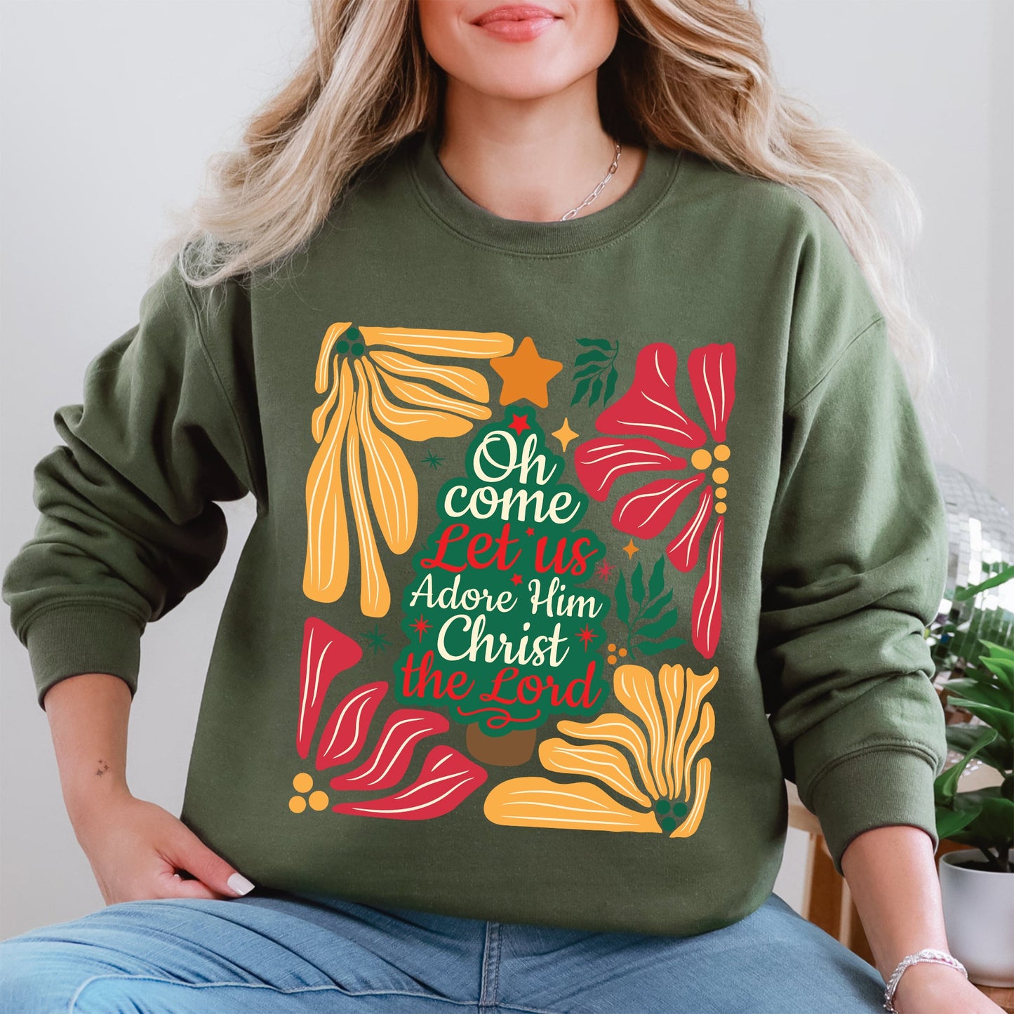 Oh Come Let Us Adore Him, Christ, Christmas, Religious, Floral, Christian Sweatshirt