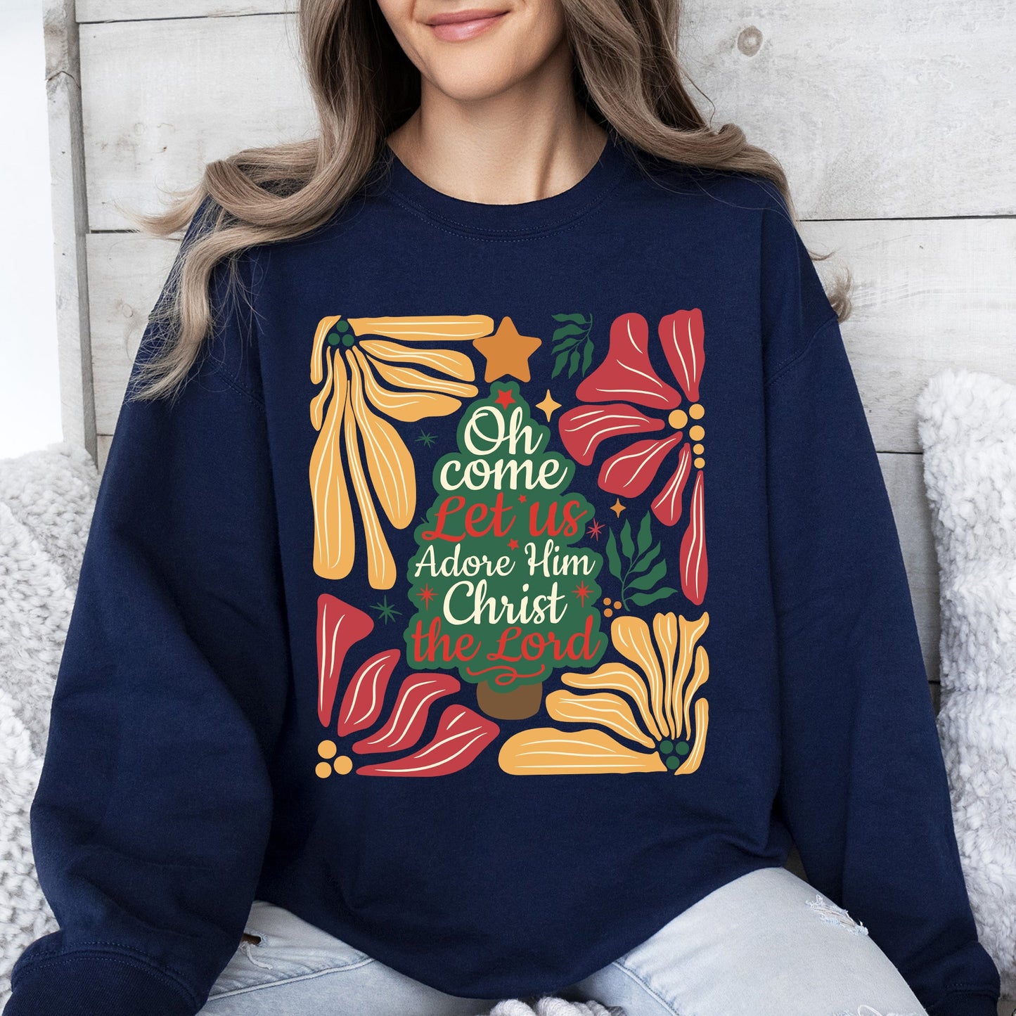 Oh Come Let Us Adore Him, Christ, Christmas, Religious, Floral, Christian Sweatshirt