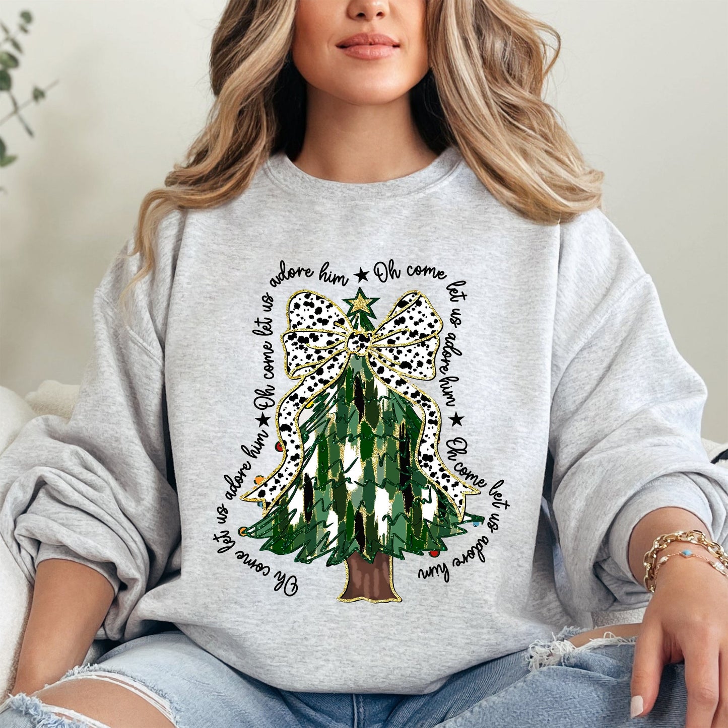 Oh Come Let Us Adore Him, Christmas Tree, Dalmatian Print, Xmas Sweatshirt