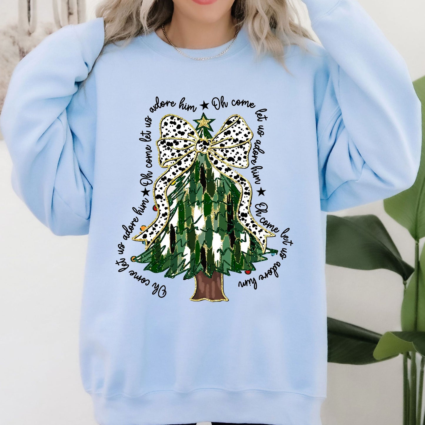 Oh Come Let Us Adore Him, Christmas Tree, Dalmatian Print, Xmas Sweatshirt