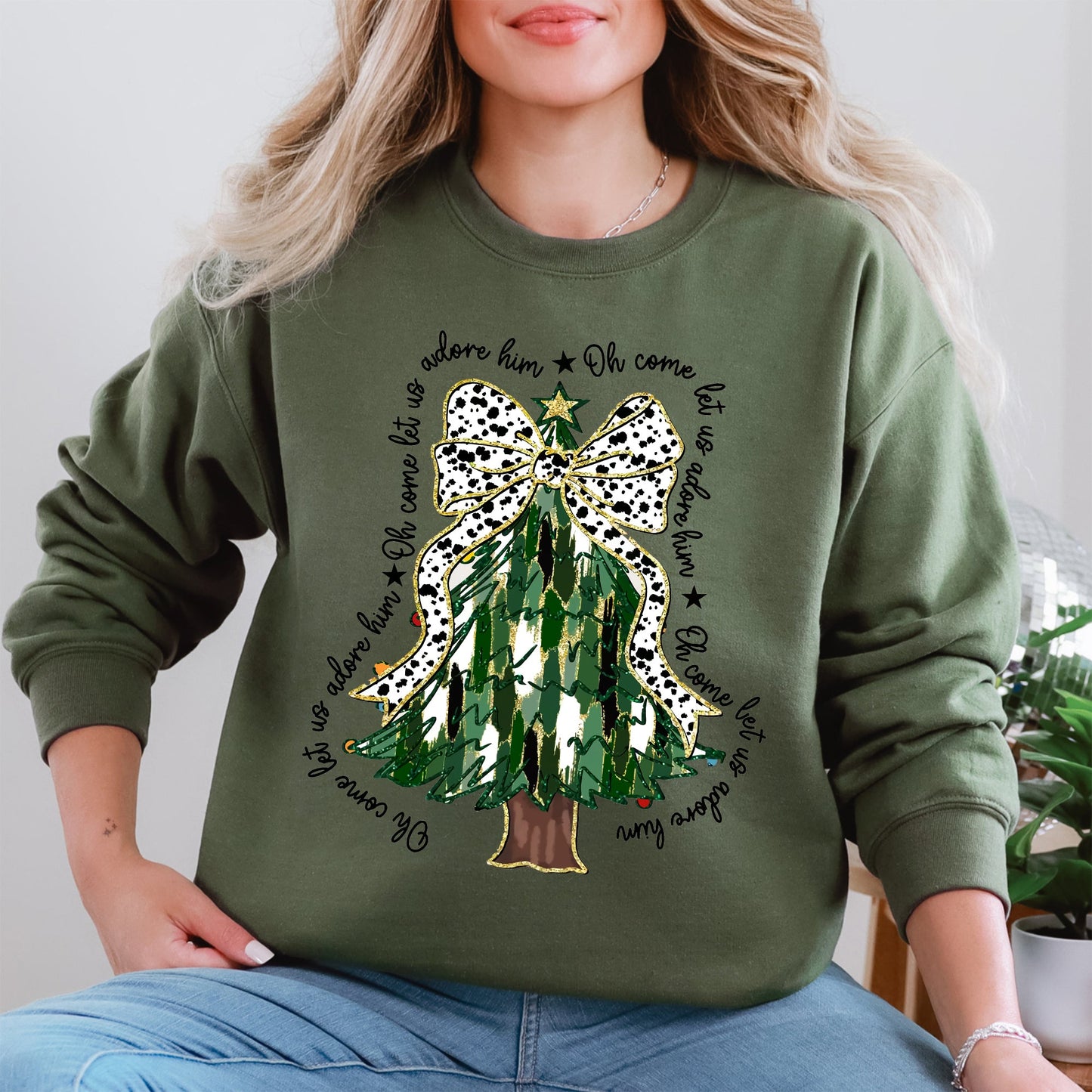 Oh Come Let Us Adore Him, Christmas Tree, Dalmatian Print, Xmas Sweatshirt