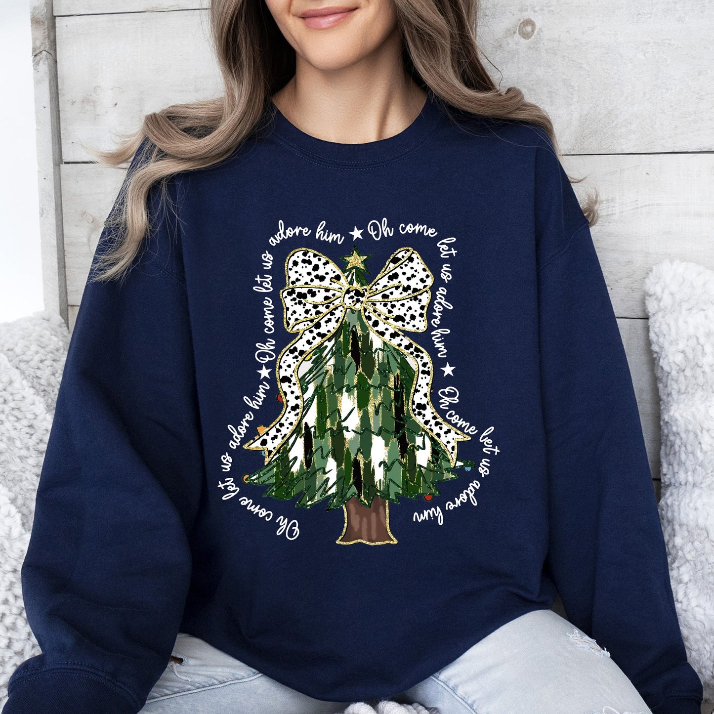 Oh Come Let Us Adore Him, Christmas Tree, Dalmatian Print, Xmas Sweatshirt