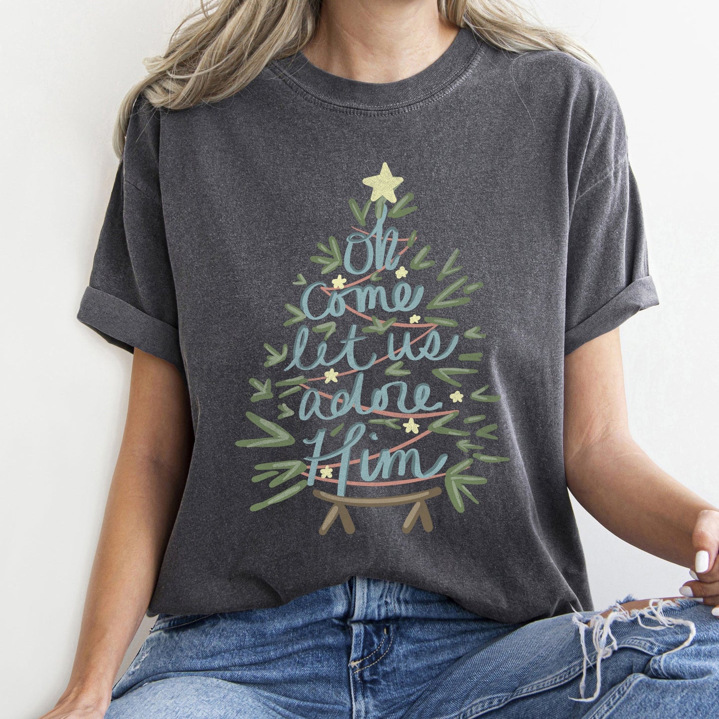 Oh Come Let Us Adore Him, Christmas, Religious, Christian, Carol, Comfort Colors Tshirt