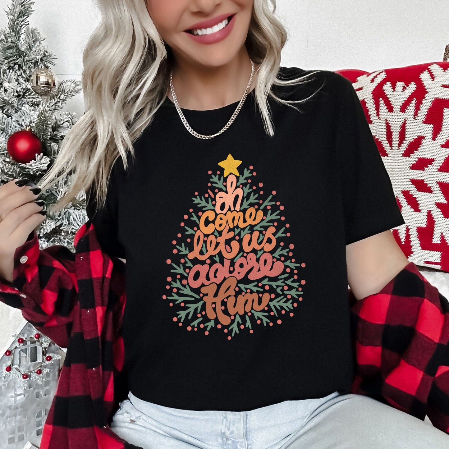 Oh Come Let Us Adore Him, Retro Sign, Christmas, Religious Super Soft Tees