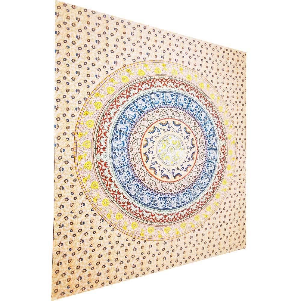Decorative wall tapestry with a colorful circular pattern on a beige background