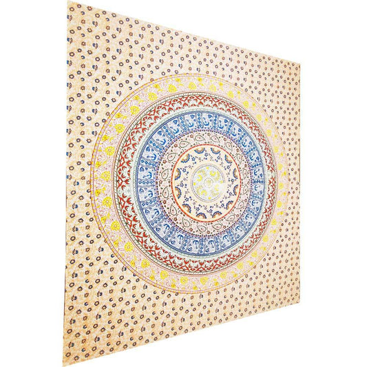 Decorative wall tapestry with a colorful circular pattern on a beige background