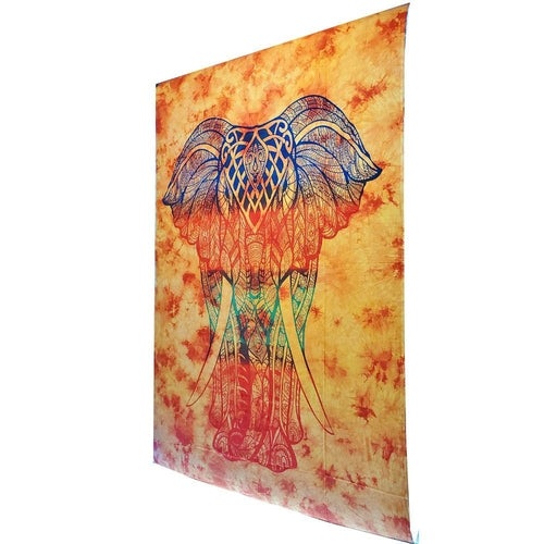 Colorful tapestry with an elephant design on a tie-dye background