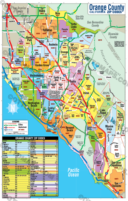 Orange County Zip Code Map - Cities colorized - POSTER PRINTS