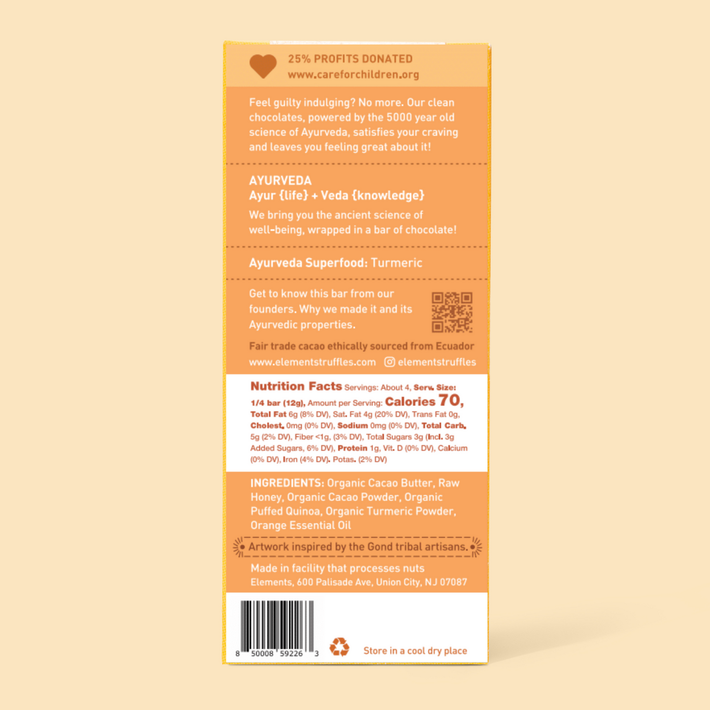 Back of a chocolate bar packaging with text and nutrition facts on a beige background