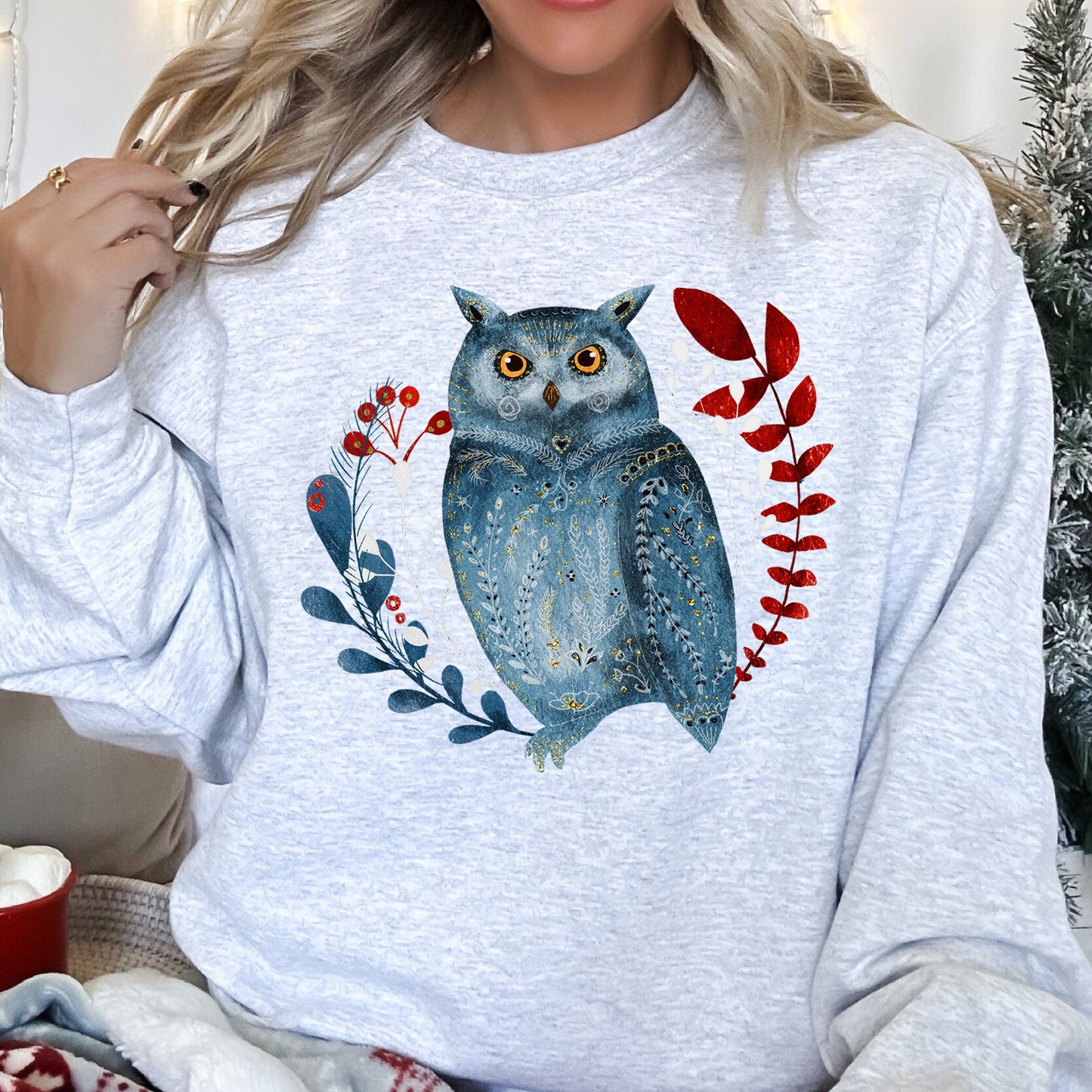 Owl, Folk Art, Scandinavian, Winter, Christmas Sweatshirt