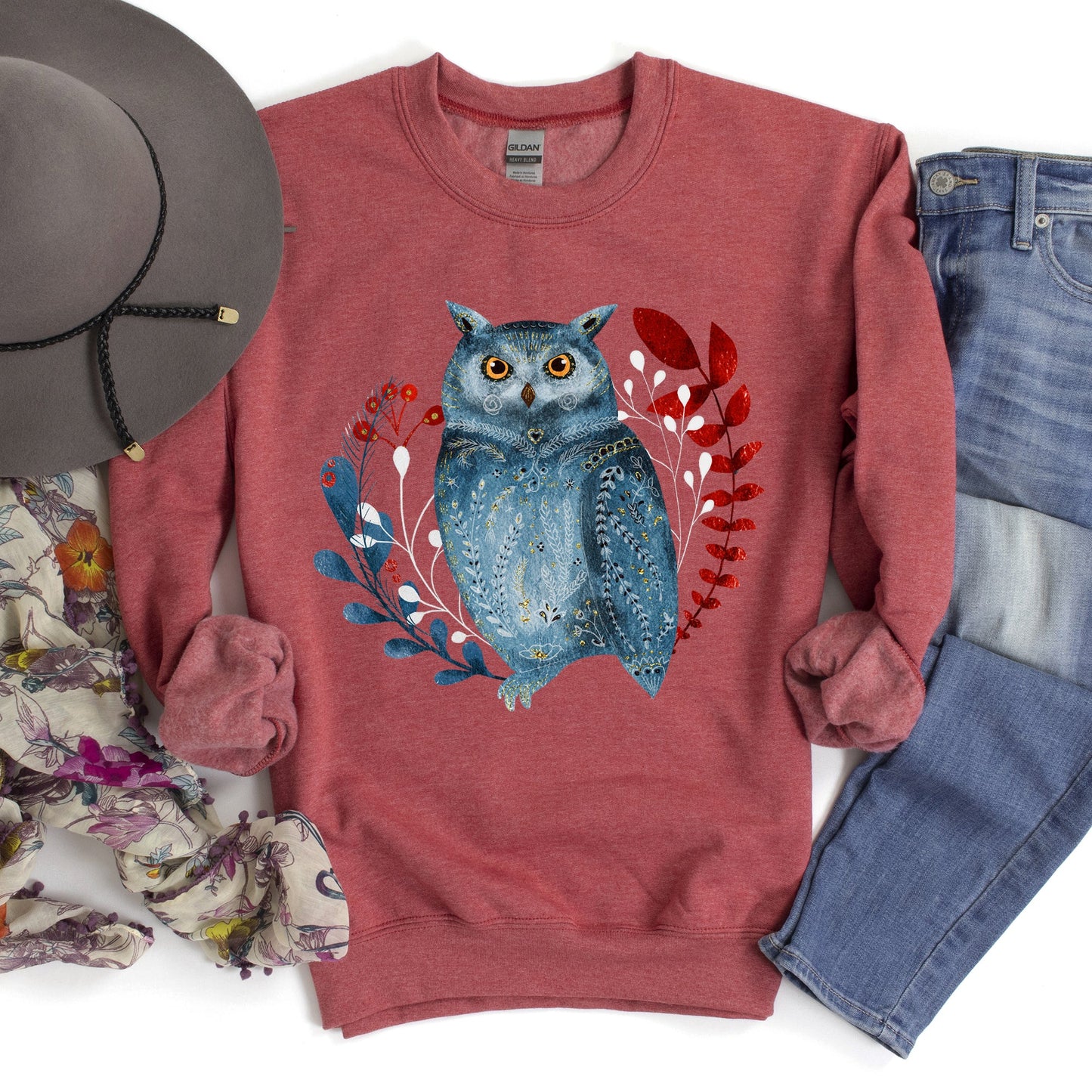 Owl, Folk Art, Scandinavian, Winter, Christmas Sweatshirt