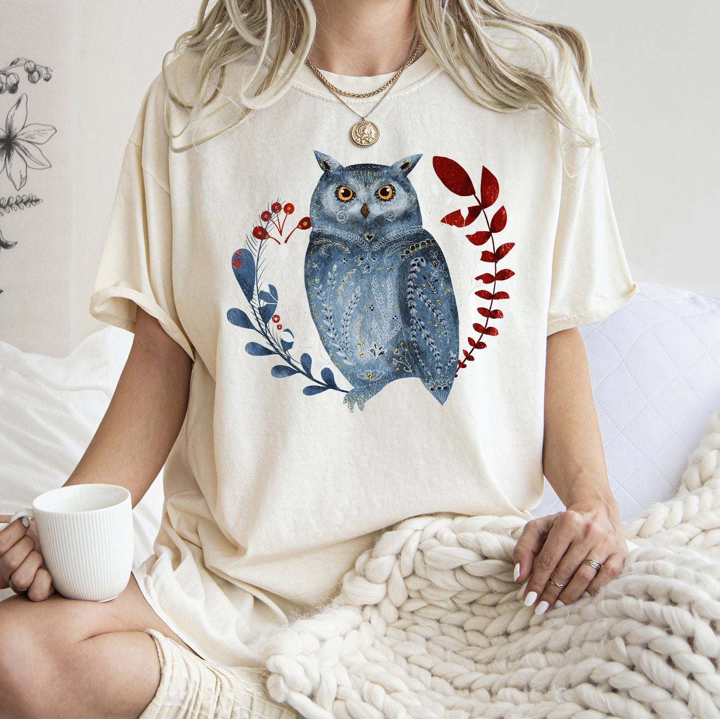 Owl, Folk Art, Scandinavian, Winter, Christmas, Comfort Colors Tshirt