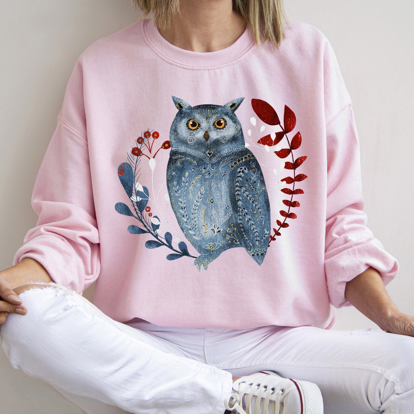 Owl, Folk Art, Scandinavian, Winter, Christmas Sweatshirt