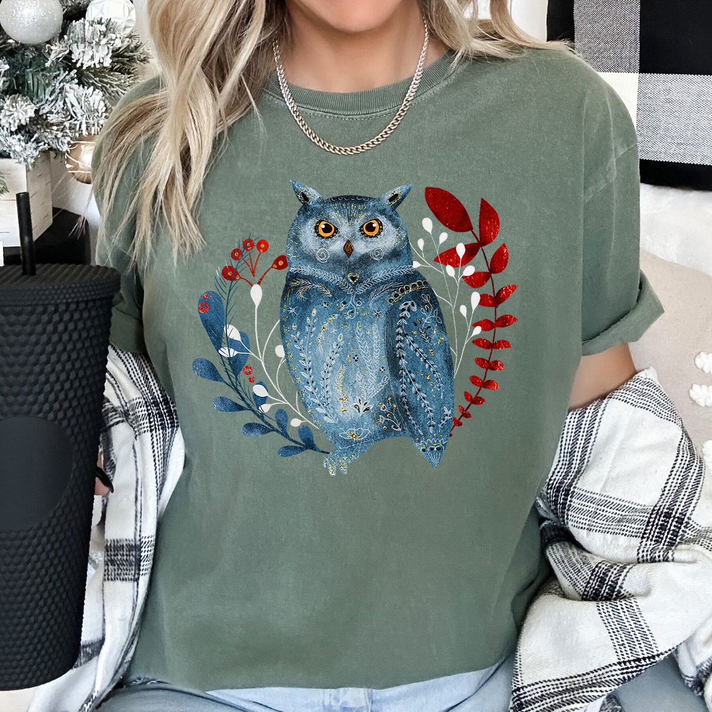 Owl, Folk Art, Scandinavian, Winter, Christmas, Comfort Colors Tshirt