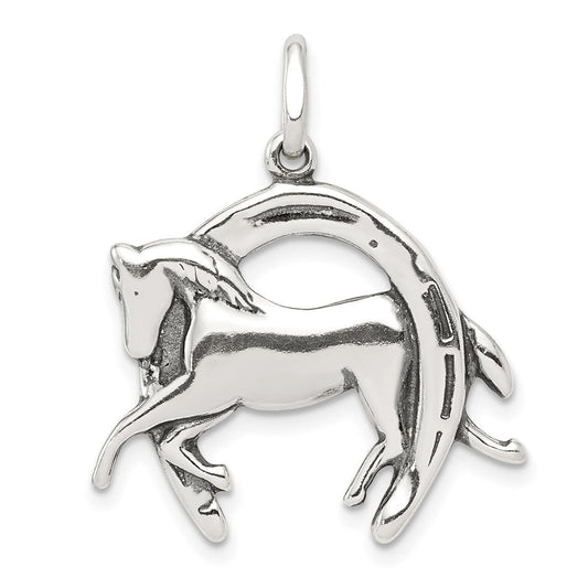 Sterling Silver Antiqued 3D Horse and Horseshoe Pendant
