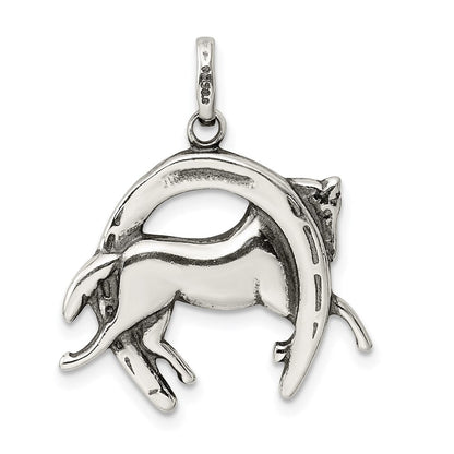 Sterling Silver Antiqued 3D Horse and Horseshoe Pendant