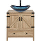 Farmhouse Wood Finish Bathroom Vanity w/ Blue Glass Sink Black Faucet