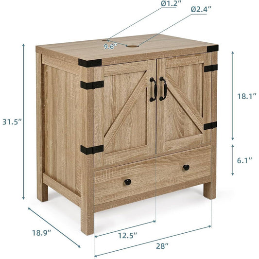 Farmhouse Wood Finish Bathroom Vanity with White Sink - Black Faucet and Drain