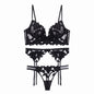 Ty094Bp3 Deep V Ultra-Thin Gauze Embroidered Garter Belt 3 Piece Underwear Set